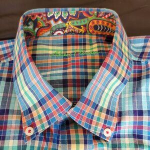 Vintage Alan Plusser Men Shirt XL short sleeve 100% Cotton Plaid Matched Pocket